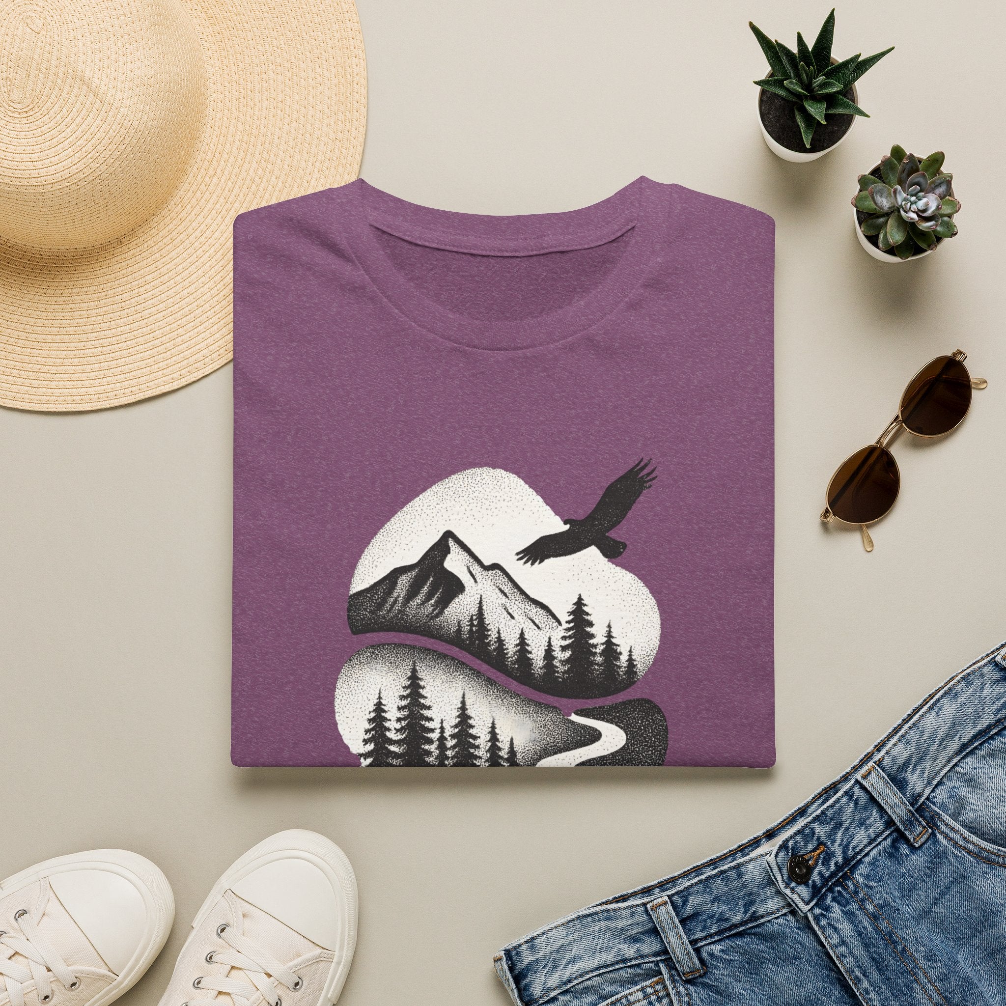 Nature Mountain Tee — Scenic Forest, Eagle & Deer Graphic T-Shirt