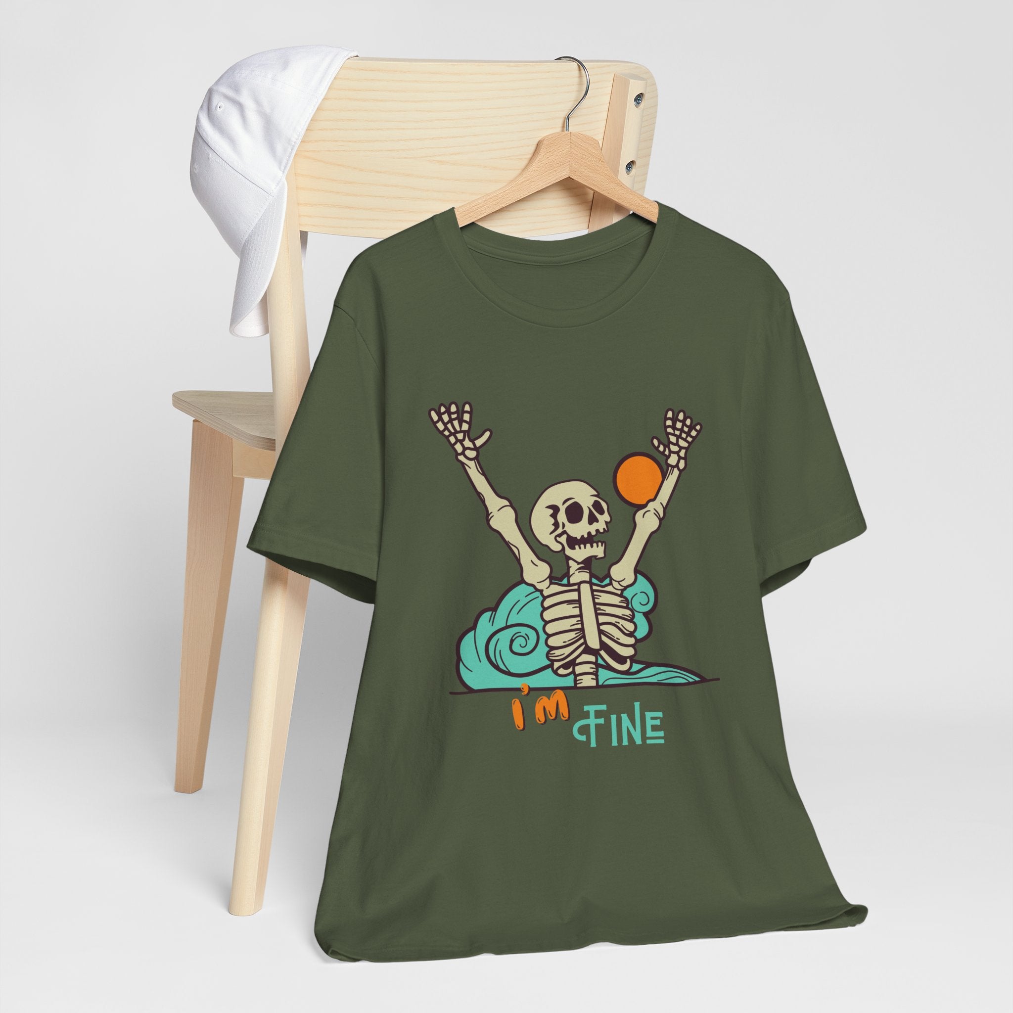 I’m Fine skeleton beach scene Tee | skeleton holding sun, waves, humorous graphic