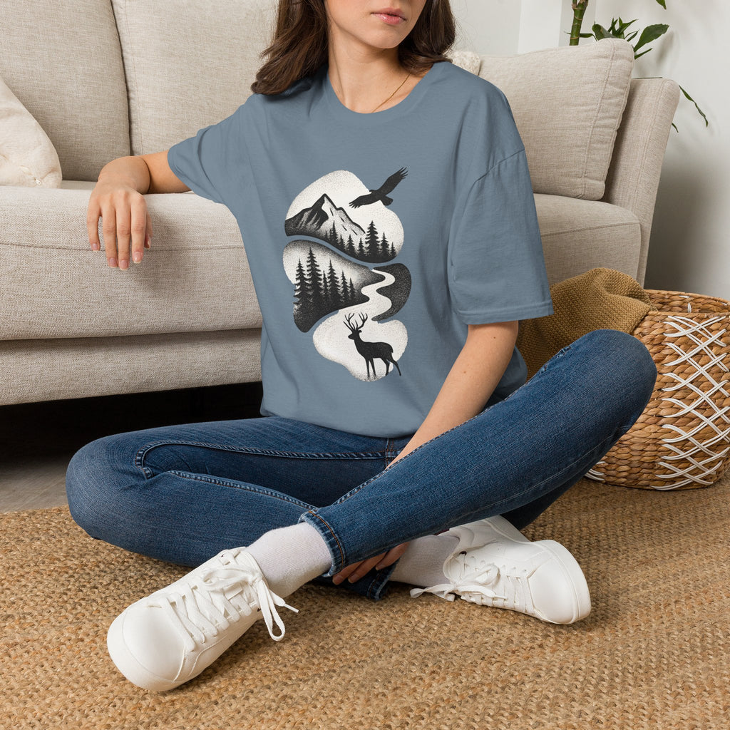 Nature Mountain Tee — Scenic Forest, Eagle & Deer Graphic T-Shirt