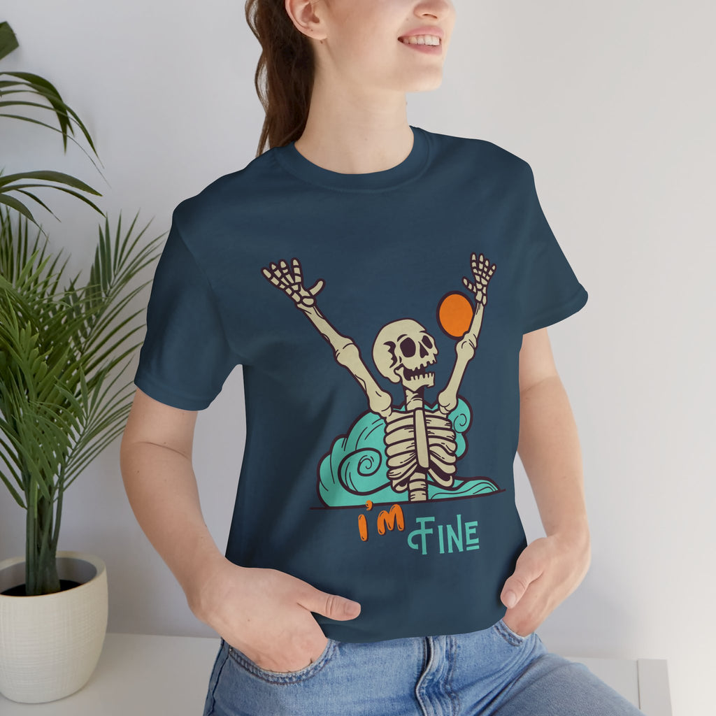 I’m Fine skeleton beach scene Tee | skeleton holding sun, waves, humorous graphic