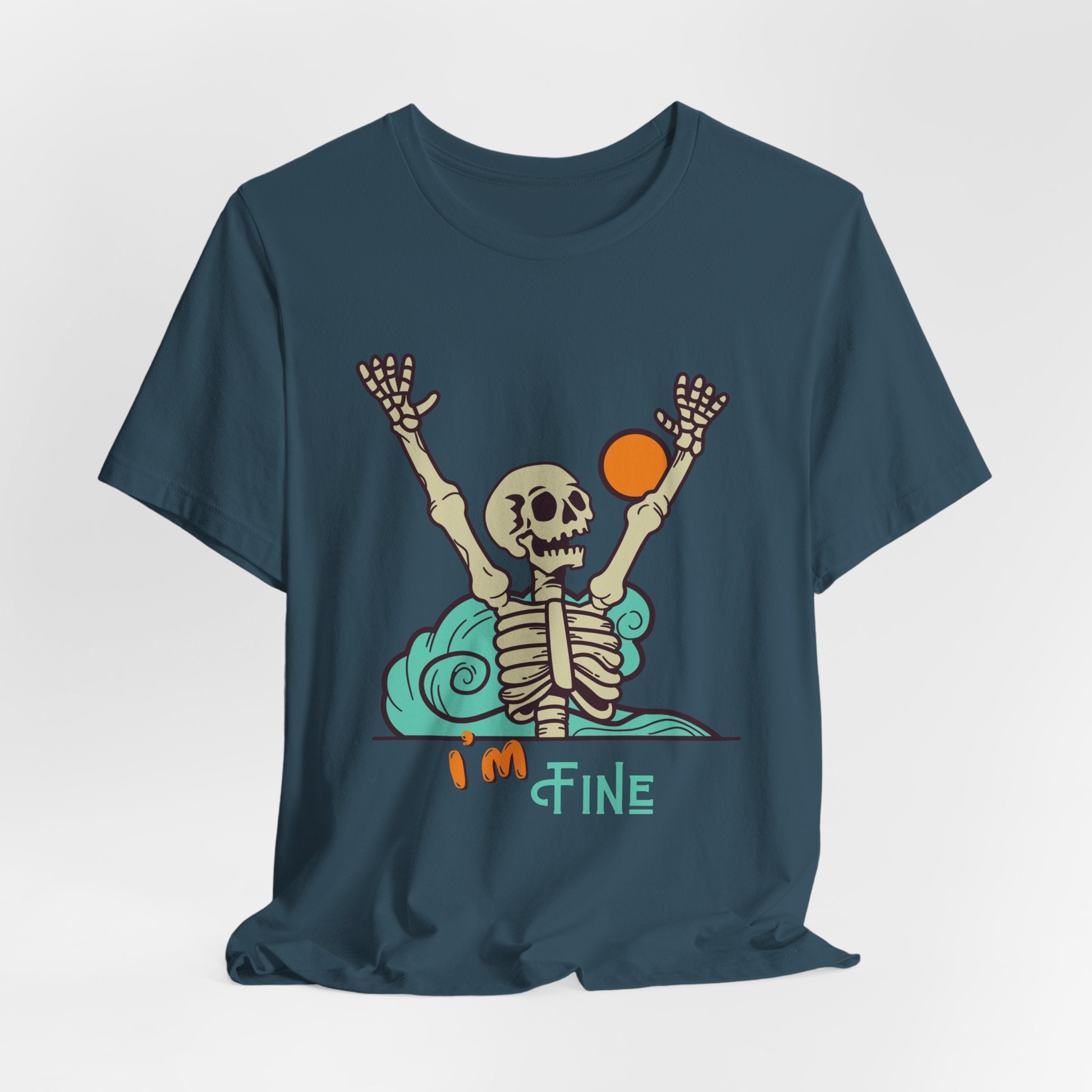 I’m Fine skeleton beach scene Tee | skeleton holding sun, waves, humorous graphic