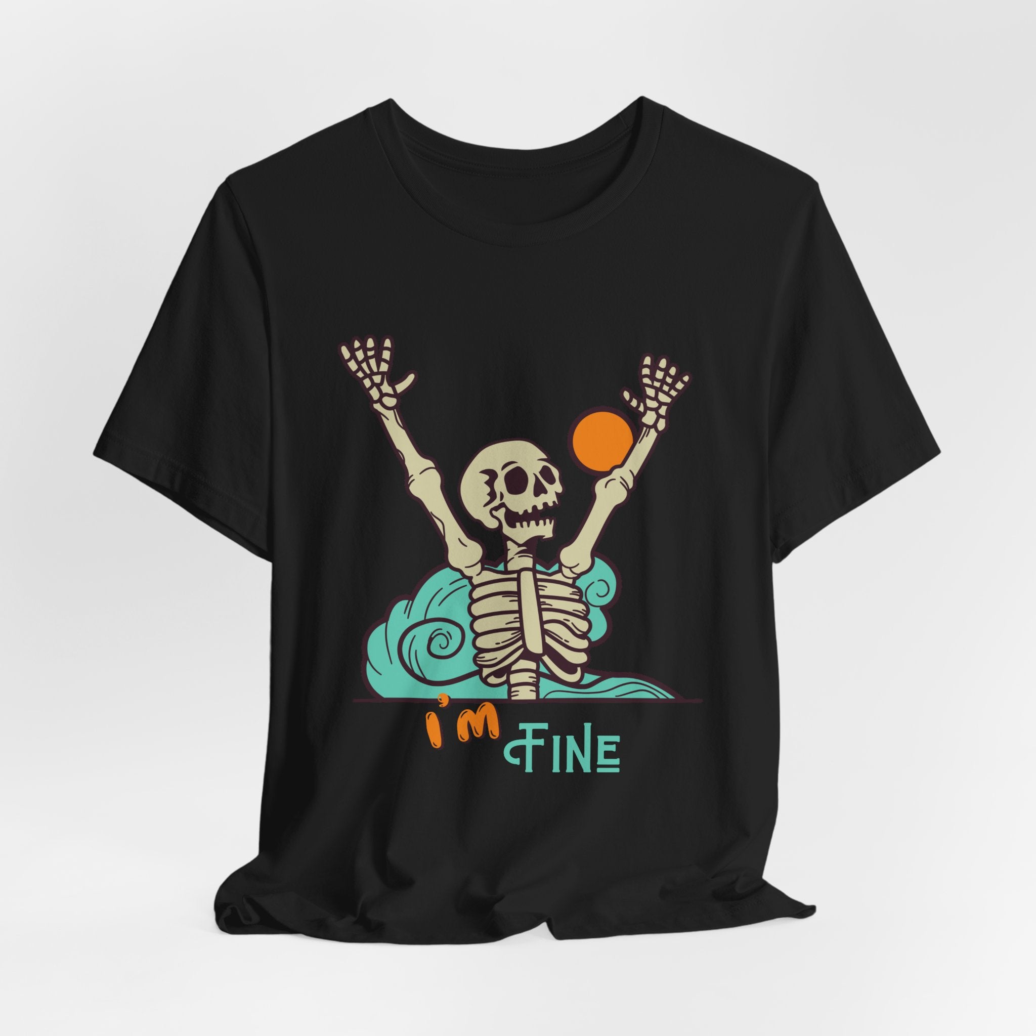 I’m Fine skeleton beach scene Tee | skeleton holding sun, waves, humorous graphic